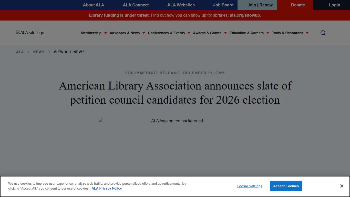 American Library Association announces slate of petition council candidates for 2026 election ALA
